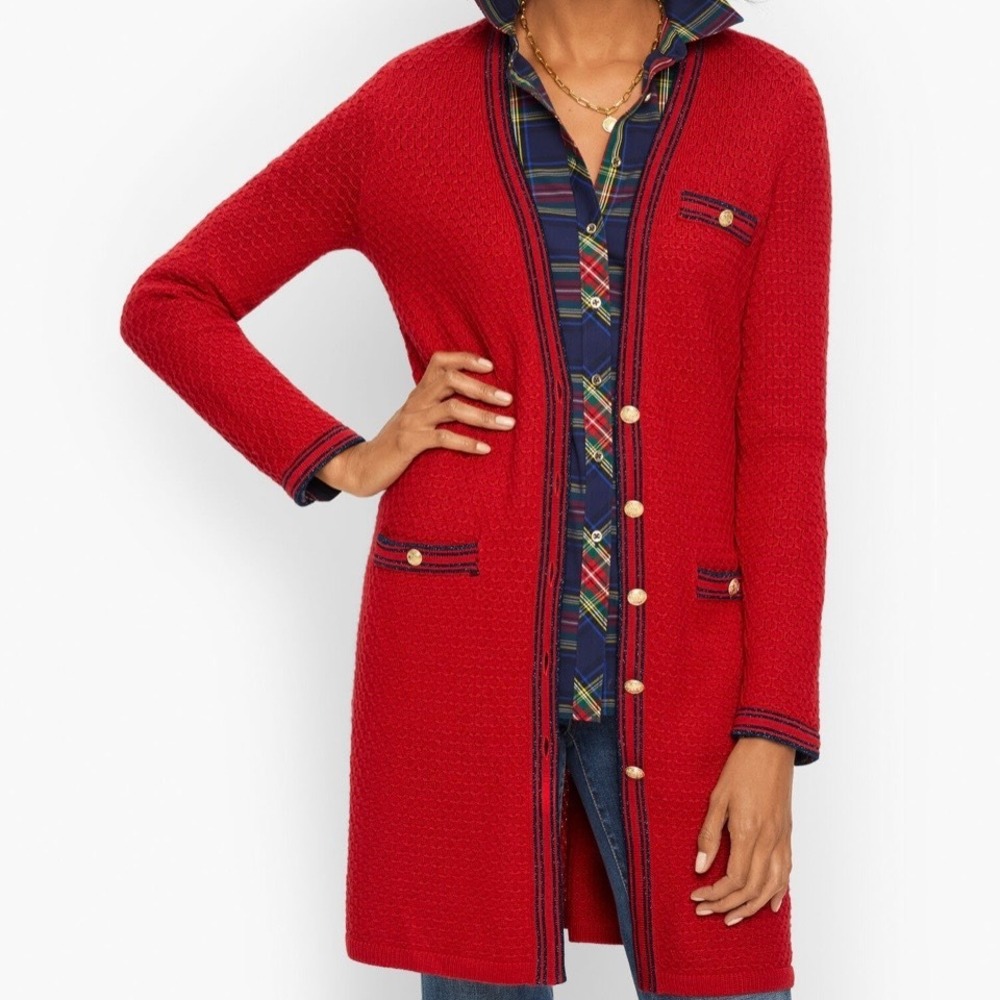 Talbots Lurex Tipped Long Wool Blend Cardigan Vibrant Red Sz L Gold Buttons Fall